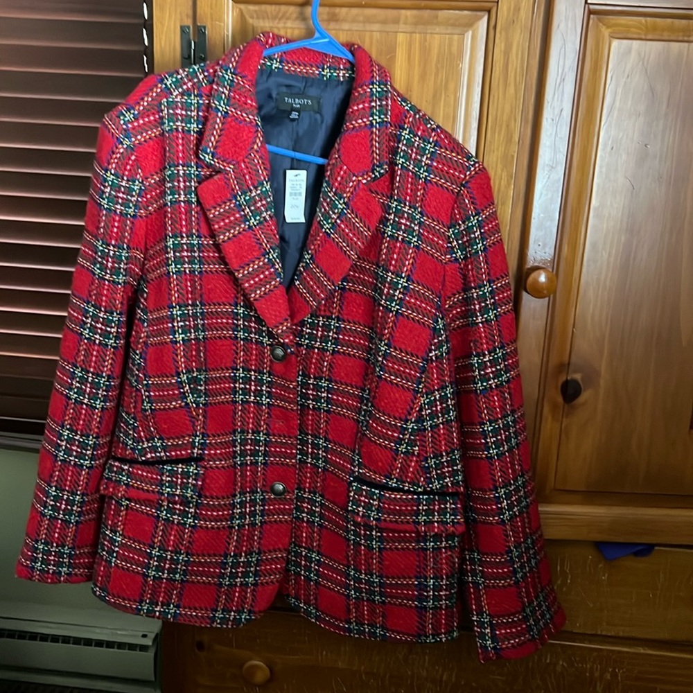 NWT Talbots Gorgeous Red Multicolored Plaid Wool Blend Thick Lined Blazer
